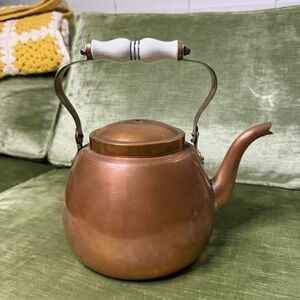 Copper Teapot with White Handle Missing Top Knob